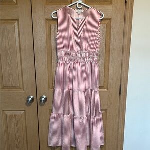 She + Sky Red and White Striped V-Neck Midi Dress